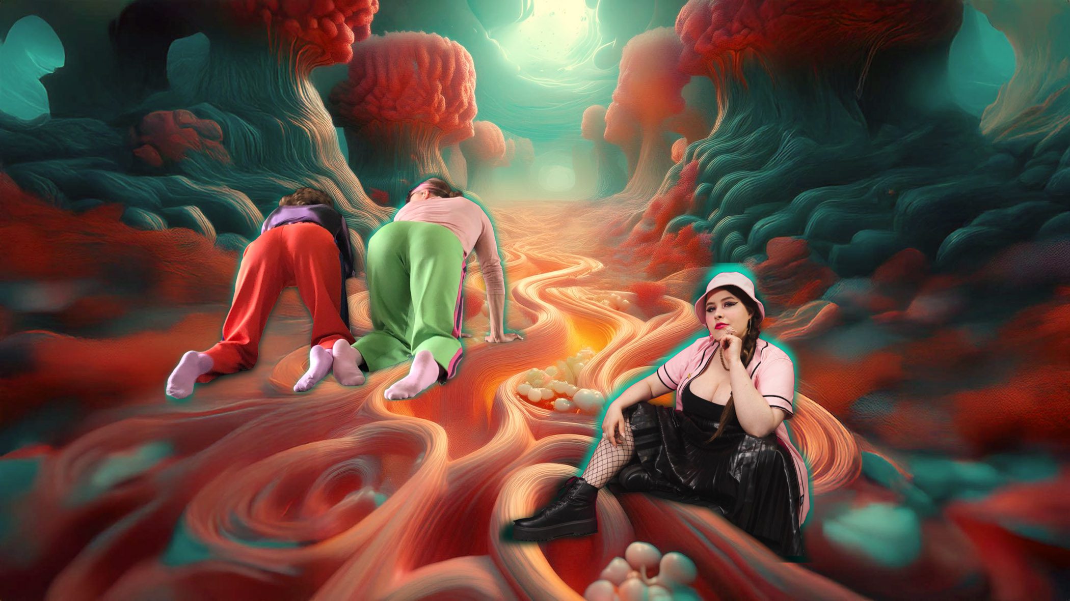 Drei Personen in 3D-generierter Landschaft