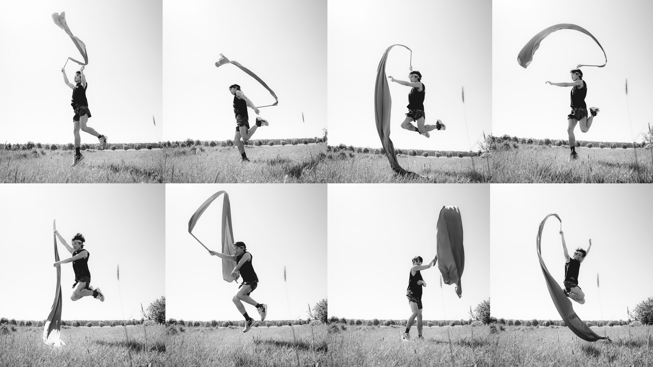 Mehrere kleine Bilder nebeneinander auf denen eine Bewegungsabfolge, Sprünge und Drehungen eines Tänzers mit einem Band zu sehen sind.